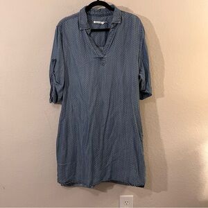 Kenneth Cole Reaction Blue Polka Dot Tencel Dress Size 14 V-Neck Roll-tab Sleeve